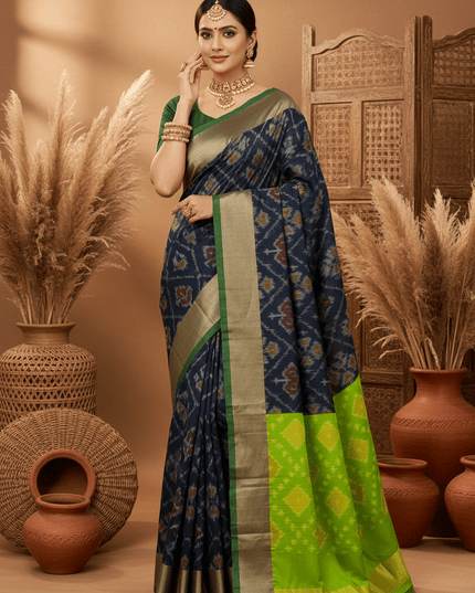 Kanchipuram Semi Silk Saree | Pochampally Contrast Border - Rosepetals Luxe