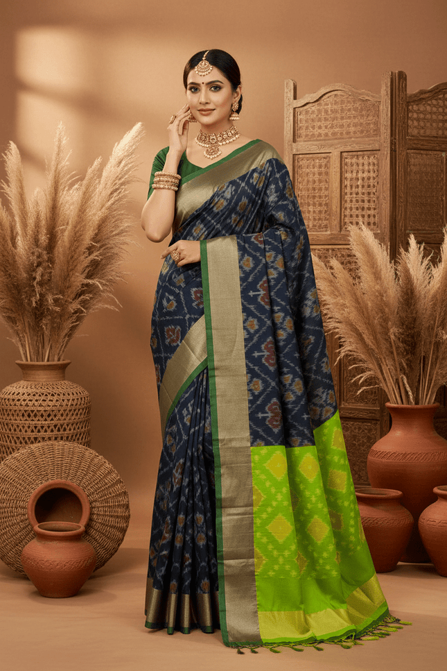 Kanchipuram Semi Silk Saree | Pochampally Contrast Border - Rosepetals Luxe