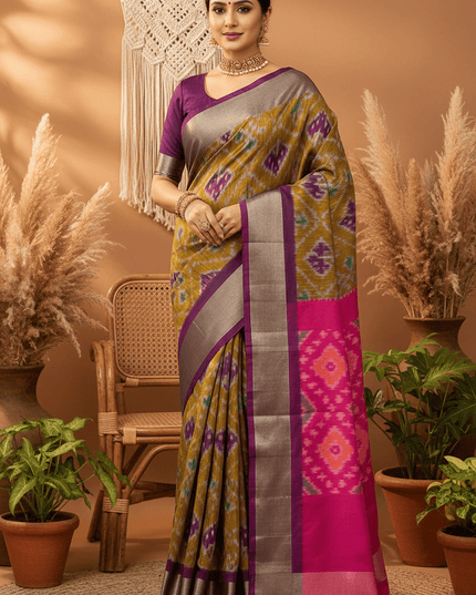 Kanchipuram Semi Silk Saree | Pochampally Contrast Border - Rosepetals Luxe