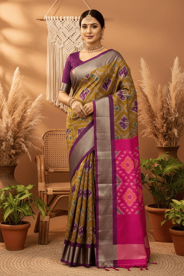 Kanchipuram Semi Silk Saree | Pochampally Contrast Border - Rosepetals Luxe