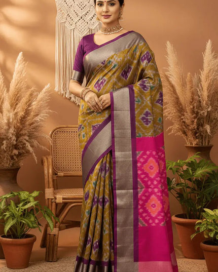 Kanchipuram Semi Silk Saree | Pochampally Contrast Border - Rosepetals Luxe