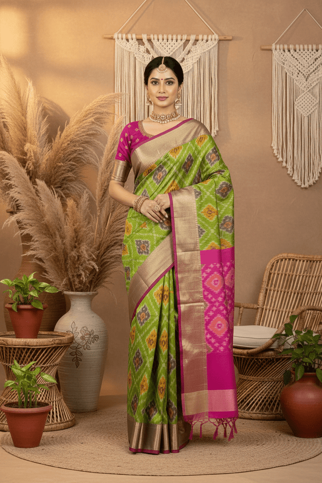Kanchipuram Semi Silk Saree | Pochampally Contrast Border - Rosepetals Luxe