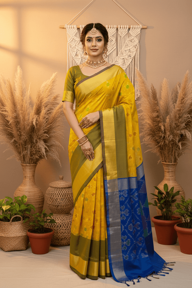 Kanchipuram Semi Silk Saree | Pochampally Contrast Border - Rosepetals Luxe