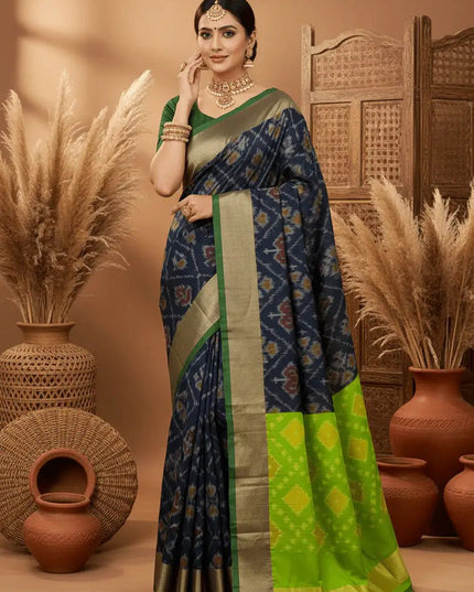 Kanchipuram Semi Silk Saree | Pochampally Contrast Border - Rosepetals Luxe