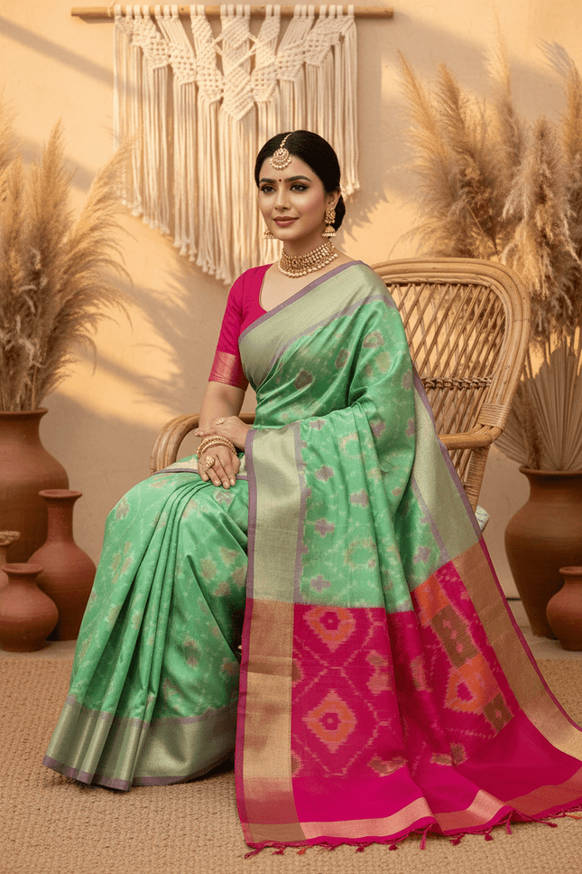 Kanchipuram Semi Silk Saree | Pochampally Contrast Border - Rosepetals Luxe