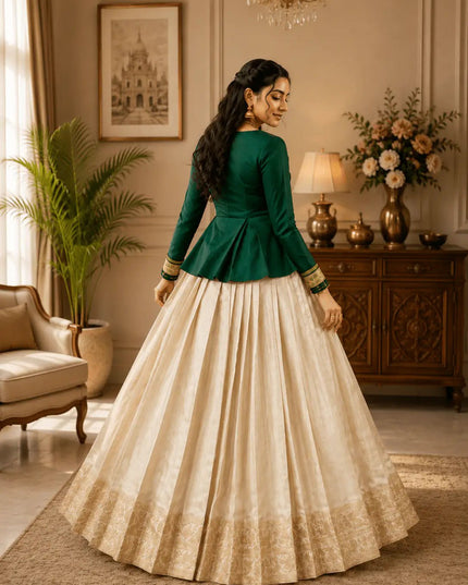 Kanchipuram Zari Lehenga Set | Natural Satin Silk Top | Onam & South Indian Festive Wear - Rosepetals Luxe