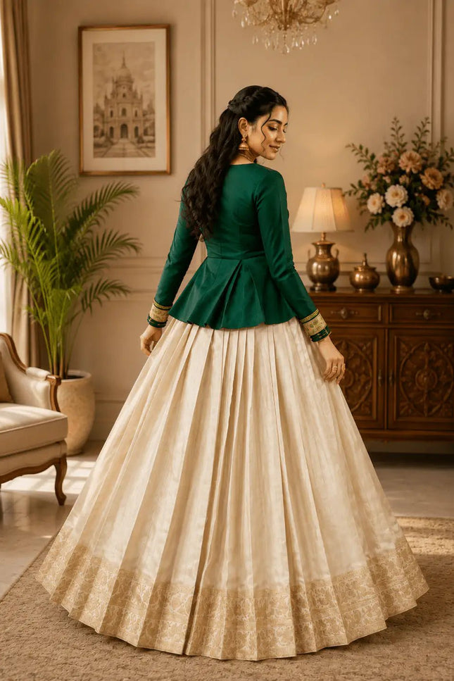 Kanchipuram Zari Lehenga Set | Natural Satin Silk Top | Onam & South Indian Festive Wear - Rosepetals Luxe