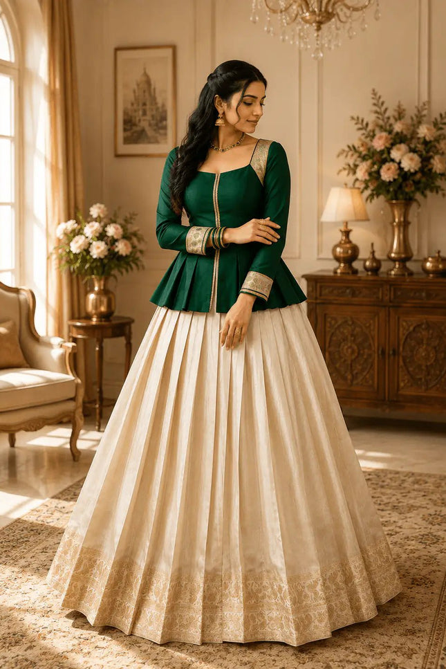 Kanchipuram Zari Lehenga Set | Natural Satin Silk Top | Onam & South Indian Festive Wear - Rosepetals Luxe