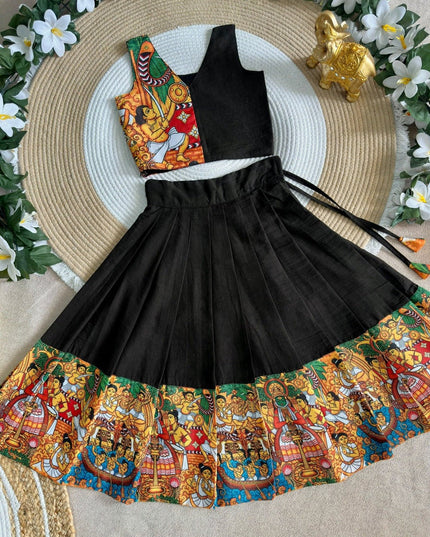 Kathakali Heritage Kids Silk Finish Lehenga Choli | Kerala Traditional Printed Lehenga Set for Girls | Onam Festival Wedding Temple Wear | 6 Months to 16 Years - Rosepetals Luxe