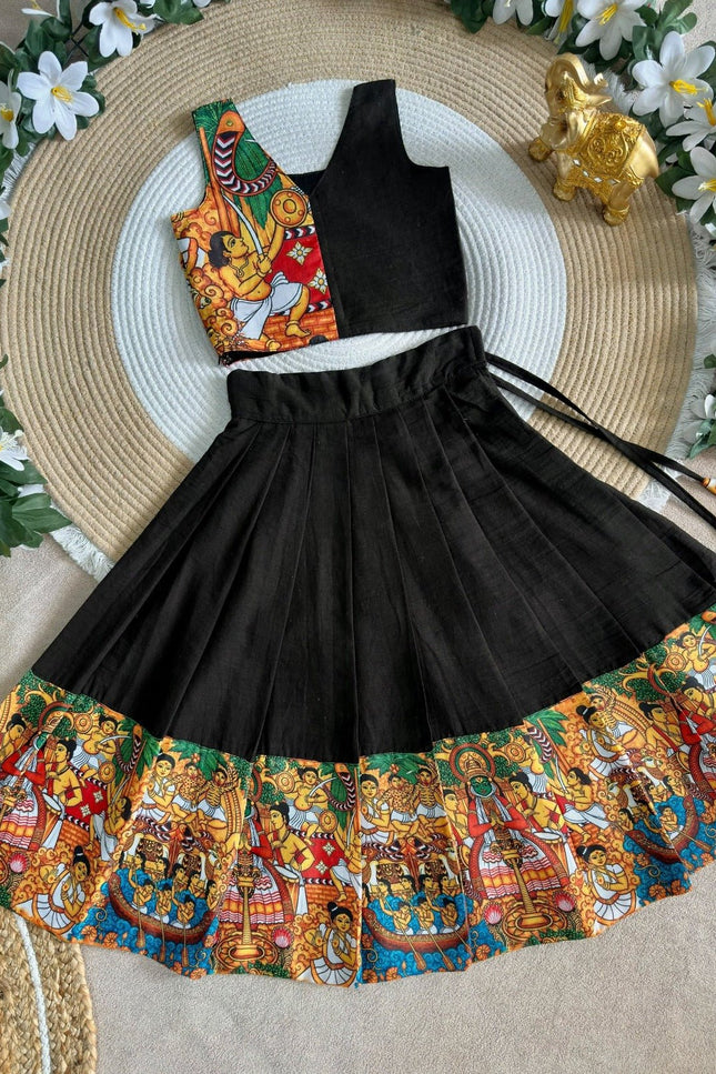 Kathakali Heritage Kids Silk Finish Lehenga Choli | Kerala Traditional Printed Lehenga Set for Girls | Onam Festival Wedding Temple Wear | 6 Months to 16 Years - Rosepetals Luxe