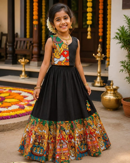 Kathakali Heritage Kids Silk Finish Lehenga Choli | Kerala Traditional Printed Lehenga Set for Girls | Onam Festival Wedding Temple Wear | 6 Months to 16 Years - Rosepetals Luxe