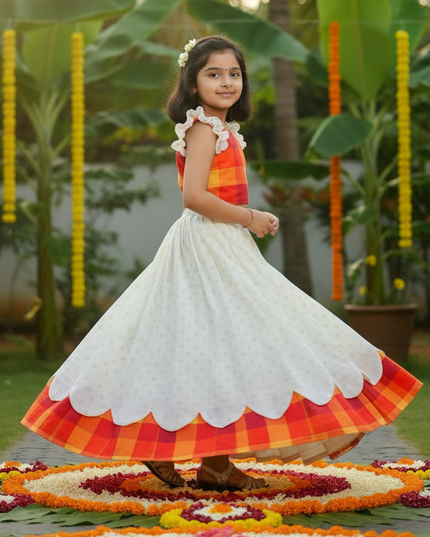 Kerala Sunrise Bloom Kids Lehenga | Silk Blend Jacquard | Onam Festive Wear - Rosepetals Luxe