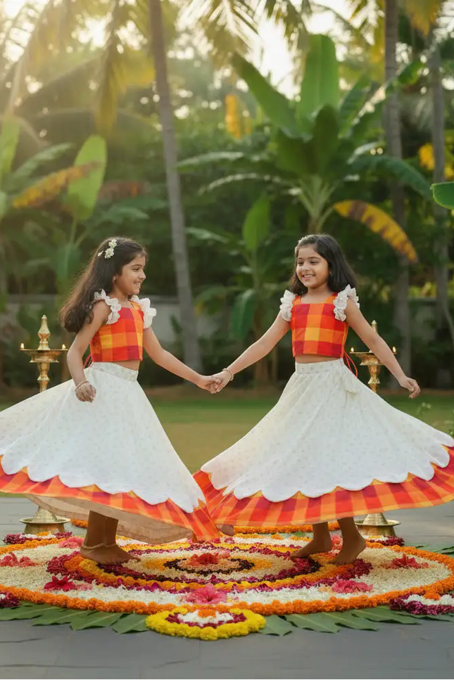 Kerala Sunrise Bloom Kids Lehenga | Silk Blend Jacquard | Onam Festive Wear - Rosepetals Luxe
