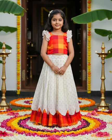Kerala Sunrise Bloom Kids Lehenga | Silk Blend Jacquard | Onam Festive Wear - Rosepetals Luxe