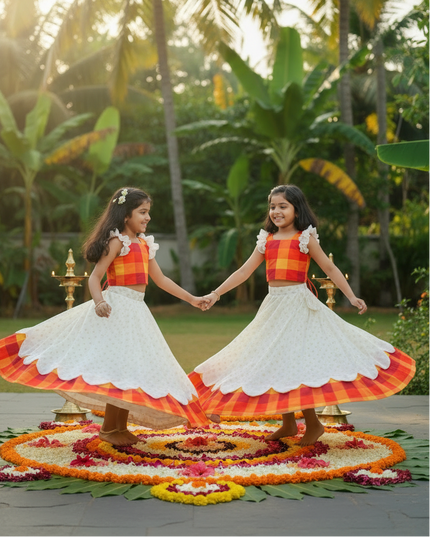 Kerala Sunrise Bloom Kids Lehenga | Silk Blend Jacquard | Onam Festive Wear - Rosepetals Luxe