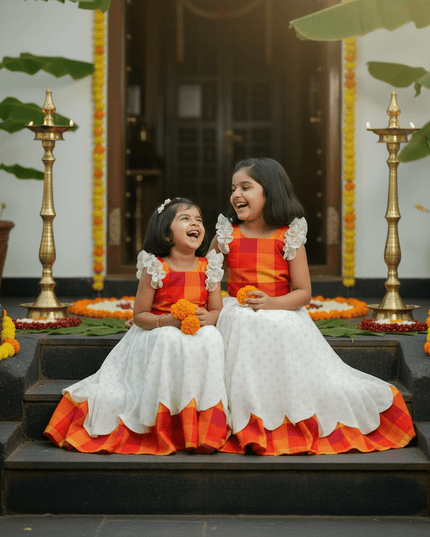 Kerala Sunrise Bloom Kids Lehenga | Silk Blend Jacquard | Onam Festive Wear - Rosepetals Luxe