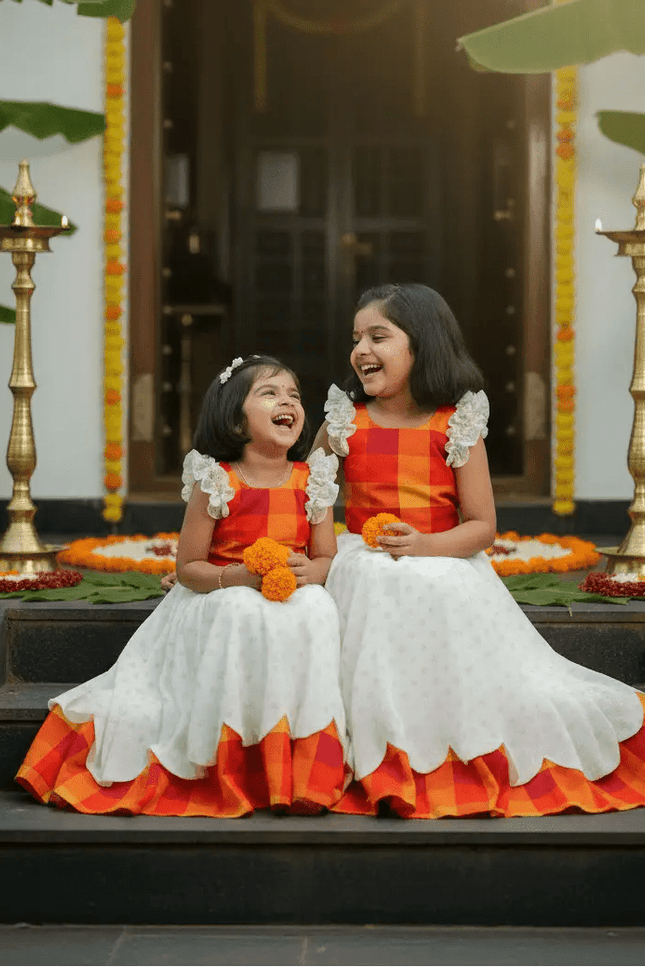 Kerala Sunrise Bloom Kids Lehenga | Silk Blend Jacquard | Onam Festive Wear - Rosepetals Luxe
