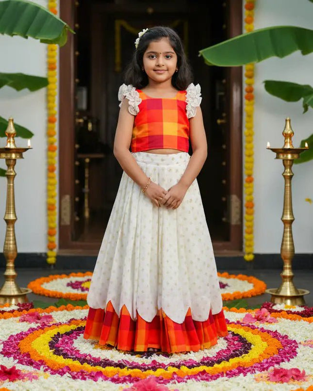 Kerala Sunrise Bloom Kids Lehenga | Silk Blend Jacquard | Onam Festive Wear - Rosepetals Luxe