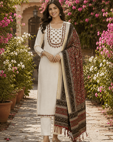 Khadi Cotton Embroidered Kurti Pant Set | Bhagalpuri Dupatta | S–3XL - Rosepetals Luxe