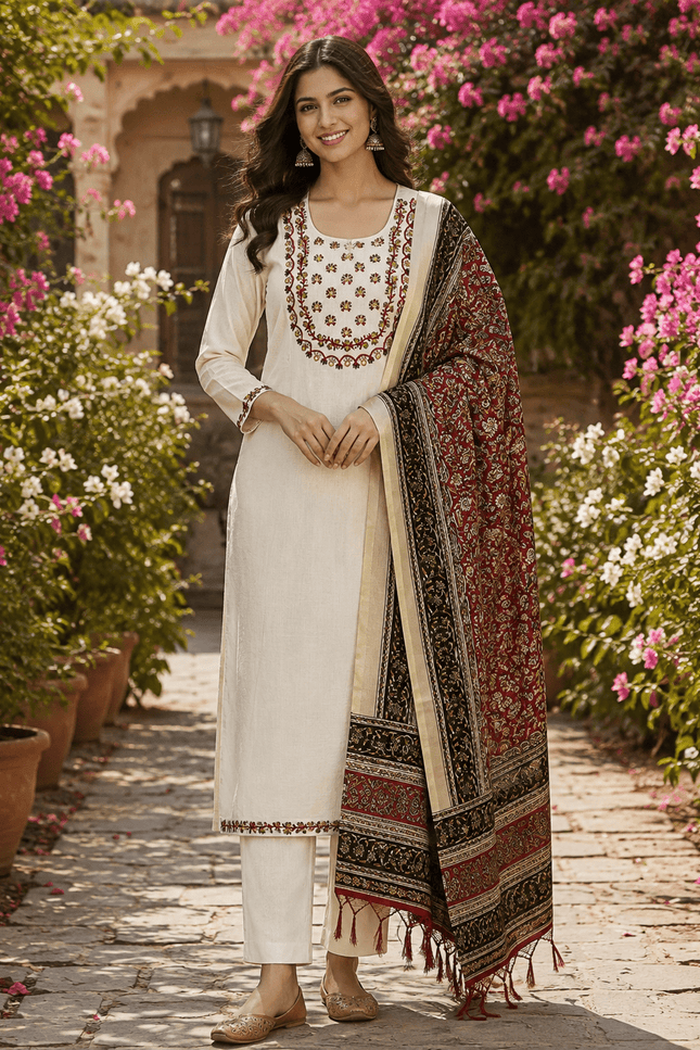 Khadi Cotton Embroidered Kurti Pant Set | Bhagalpuri Dupatta | S–3XL - Rosepetals Luxe