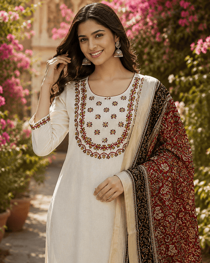 Khadi Cotton Embroidered Kurti Pant Set | Bhagalpuri Dupatta | S–3XL - Rosepetals Luxe