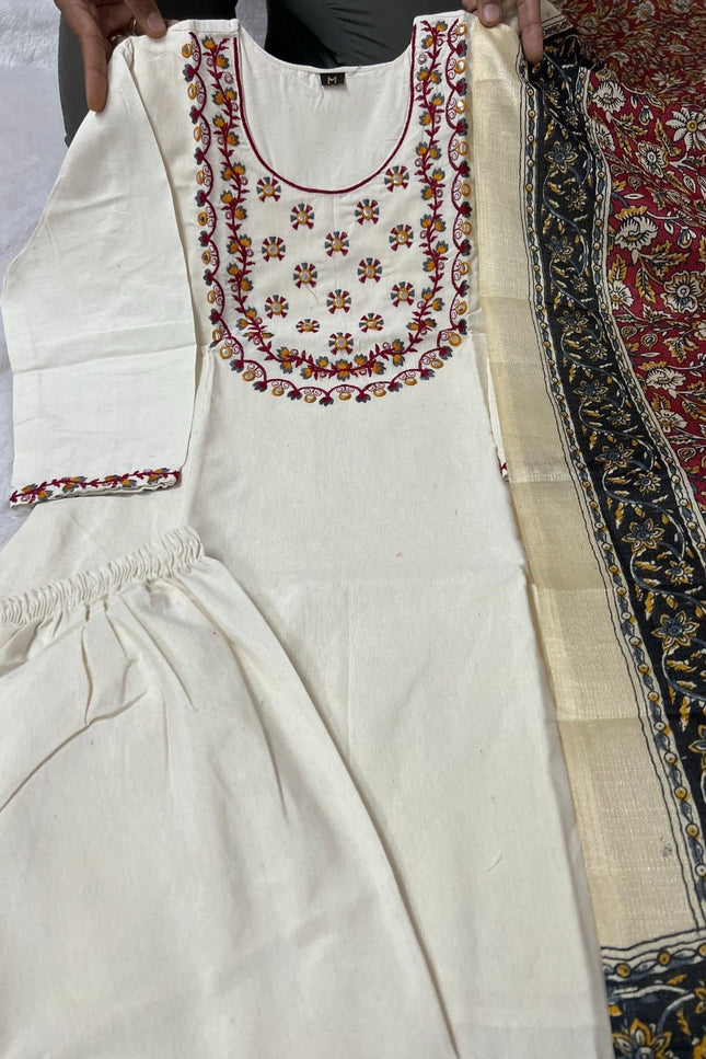 Khadi Cotton Embroidered Kurti Pant Set | Bhagalpuri Dupatta | S–3XL - Rosepetals Luxe