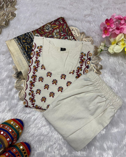 Khadi Cotton Embroidery Kurti Pant Dupatta Set | Bhagalpuri Khadi Dupatta | Mustard & White | S–3XL - Rosepetals Luxe