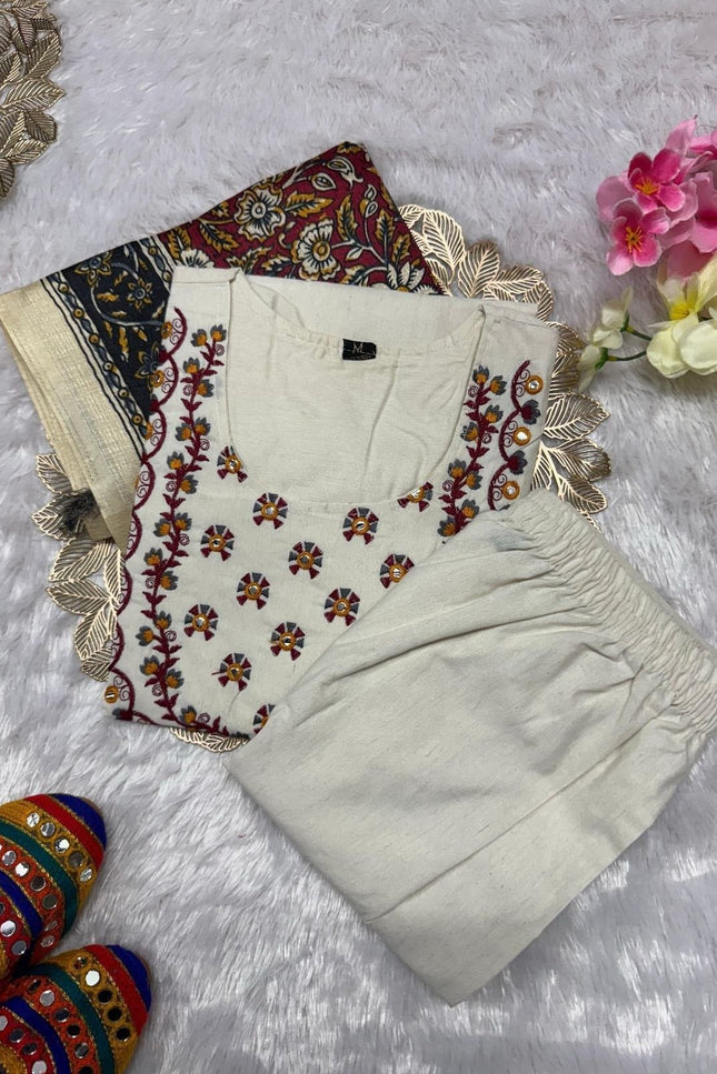 Khadi Cotton Embroidery Kurti Pant Dupatta Set | Bhagalpuri Khadi Dupatta | Mustard & White | S–3XL - Rosepetals Luxe