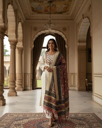 Khadi Cotton Embroidery Kurti Pant Dupatta Set | Bhagalpuri Khadi Dupatta | Mustard & White | S–3XL - Rosepetals Luxe