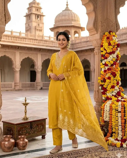 Khadi Cotton Embroidery Kurti Pant Dupatta Set | Bhagalpuri Khadi Dupatta | Mustard & White | S–3XL - Rosepetals Luxe