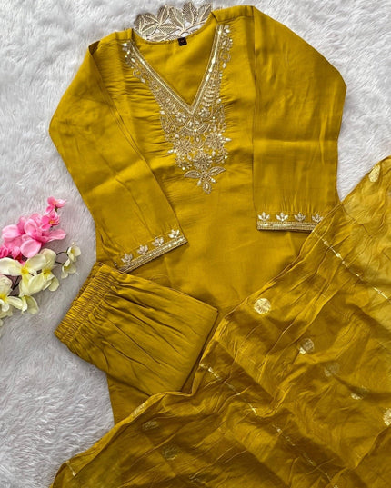 Khadi Cotton Embroidery Kurti Pant Dupatta Set | Bhagalpuri Khadi Dupatta | Mustard & White | S–3XL - Rosepetals Luxe