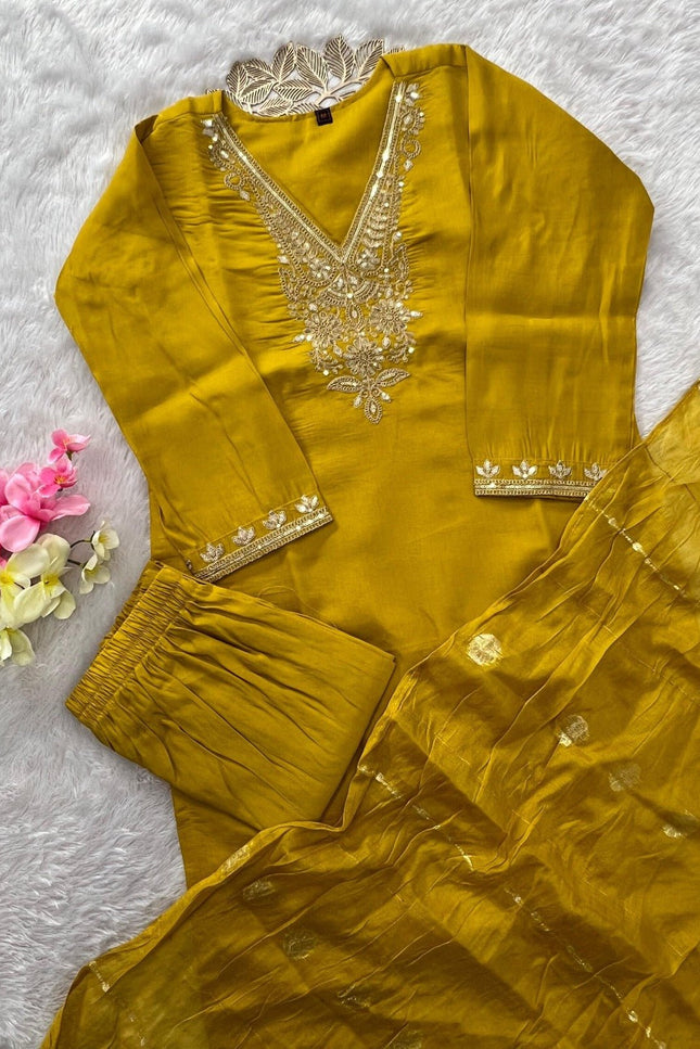 Khadi Cotton Embroidery Kurti Pant Dupatta Set | Bhagalpuri Khadi Dupatta | Mustard & White | S–3XL - Rosepetals Luxe