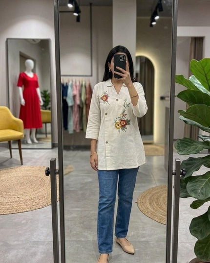 Khadi Cotton Hand Embroidered Kurti | Mirror & Bead Handwork | Breathable Casual Ethnic Top | Rosepetals Luxe - Rosepetals Luxe