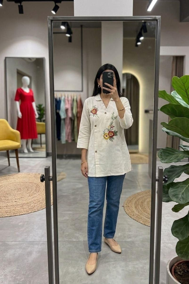 Khadi Cotton Hand Embroidered Kurti | Mirror & Bead Handwork | Breathable Casual Ethnic Top | Rosepetals Luxe - Rosepetals Luxe