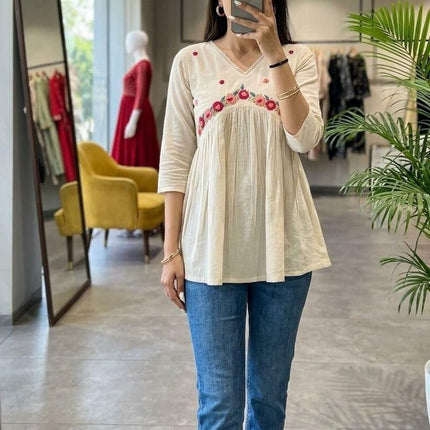 Khadi Cotton Hand Embroidered Kurti | Mirror & Bead Handwork | Breathable Casual Ethnic Top | Rosepetals Luxe - Rosepetals Luxe