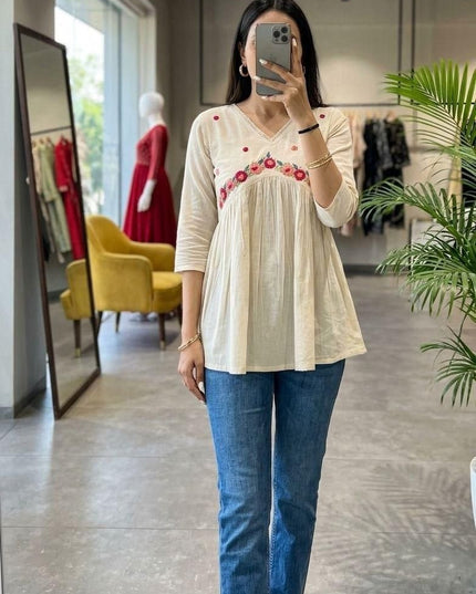 Khadi Cotton Hand Embroidered Kurti | Mirror & Bead Handwork | Breathable Casual Ethnic Top | Rosepetals Luxe - Rosepetals Luxe