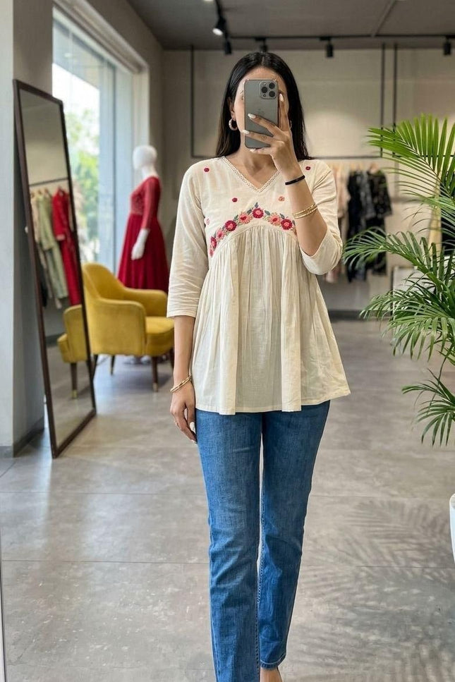 Khadi Cotton Hand Embroidered Kurti | Mirror & Bead Handwork | Breathable Casual Ethnic Top | Rosepetals Luxe - Rosepetals Luxe
