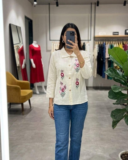 Khadi Cotton Hand Embroidered Kurti | Mirror & Bead Handwork | Breathable Casual Ethnic Top | Rosepetals Luxe - Rosepetals Luxe