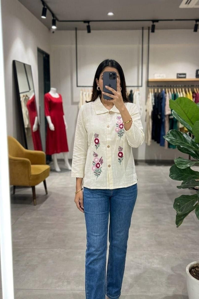 Khadi Cotton Hand Embroidered Kurti | Mirror & Bead Handwork | Breathable Casual Ethnic Top | Rosepetals Luxe - Rosepetals Luxe