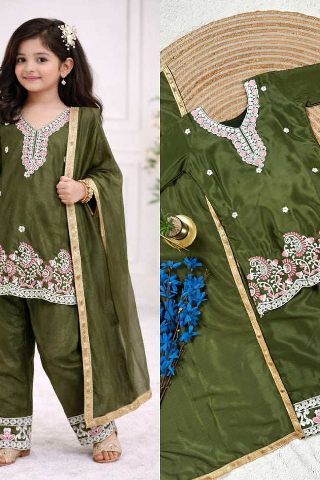 Kids Chinon Silk Top Palazzo Dupatta Set – Ramzan & Eid Special - Rosepetals Luxe