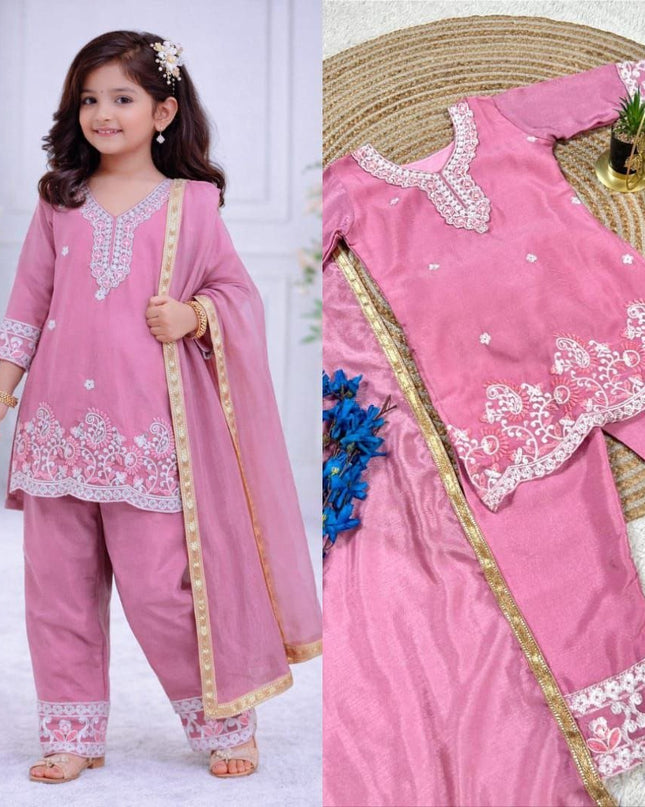 Kids Chinon Silk Top Palazzo Dupatta Set – Ramzan & Eid Special - Rosepetals Luxe