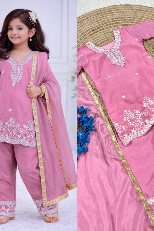 Kids Chinon Silk Top Palazzo Dupatta Set – Ramzan & Eid Special - Rosepetals Luxe