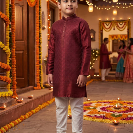 Kids’ Cross-Work Silk Kurta Pyjama Set - Rosepetals Luxe