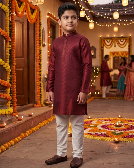 Kids’ Cross-Work Silk Kurta Pyjama Set - Rosepetals Luxe