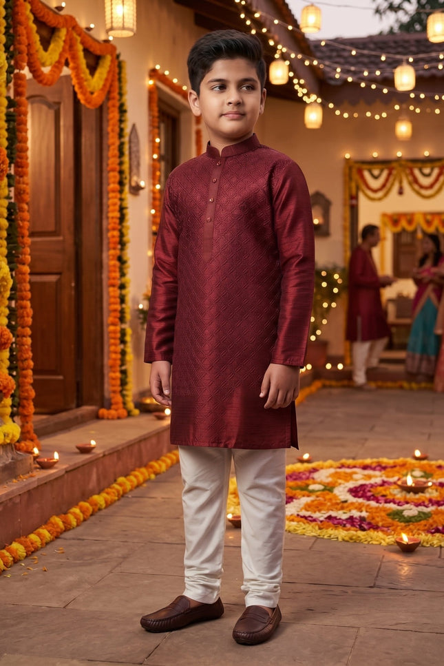 Kids’ Cross-Work Silk Kurta Pyjama Set - Rosepetals Luxe