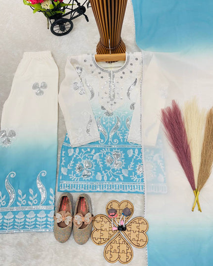 Kids Designer Party Wear Set | Embroidered Crepe Top, Palazzo & Dupatta | Festive & Eid - Rosepetals Luxe