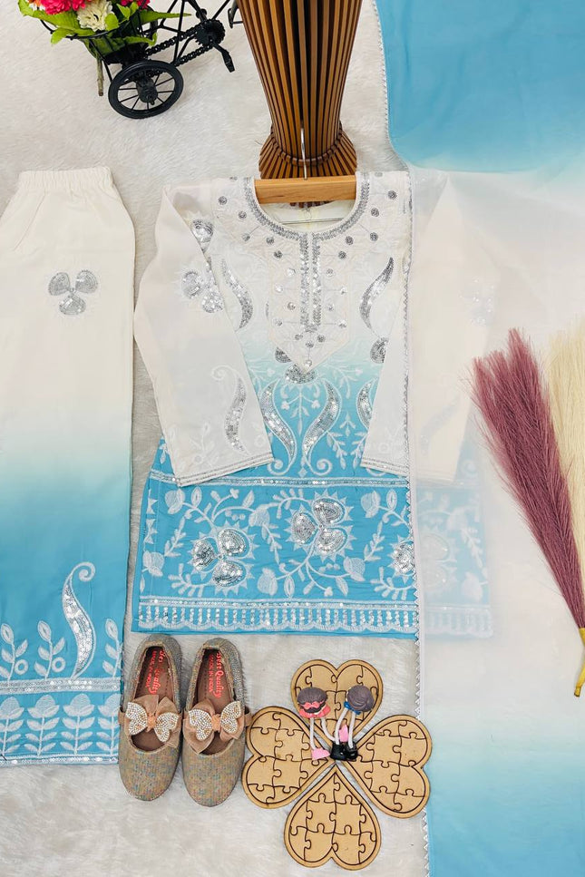 Kids Designer Party Wear Set | Embroidered Crepe Top, Palazzo & Dupatta | Festive & Eid - Rosepetals Luxe