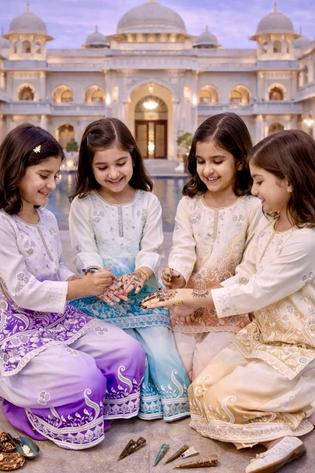 Kids Designer Party Wear Set | Embroidered Crepe Top, Palazzo & Dupatta | Festive & Eid - Rosepetals Luxe