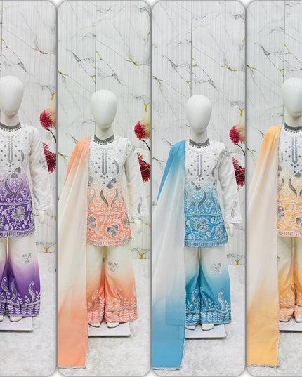 Kids Designer Party Wear Set | Embroidered Crepe Top, Palazzo & Dupatta | Festive & Eid - Rosepetals Luxe