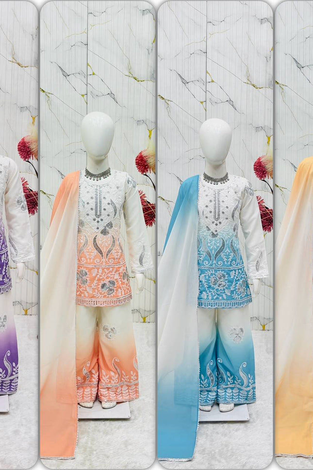 Kids Designer Party Wear Set | Embroidered Crepe Top, Palazzo & Dupatta | Festive & Eid - Rosepetals Luxe